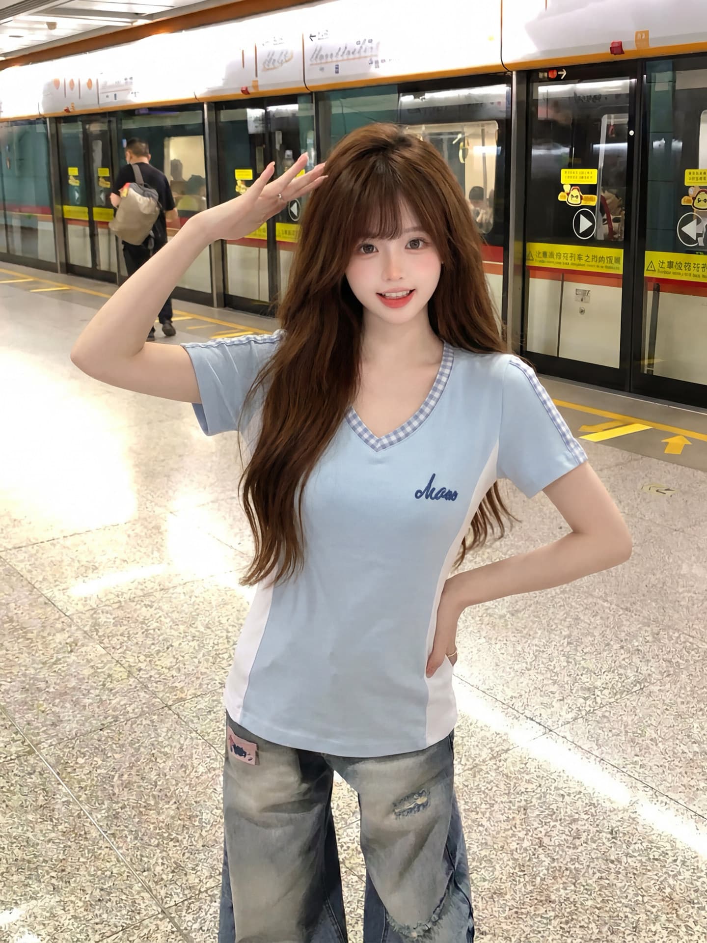 리브 고급 센스 파란색 V넥 반팔 티셔츠 여성 여름 허리 수축 슬림해 보이는 다용도 아름다운 맨위 상세 이미지 5