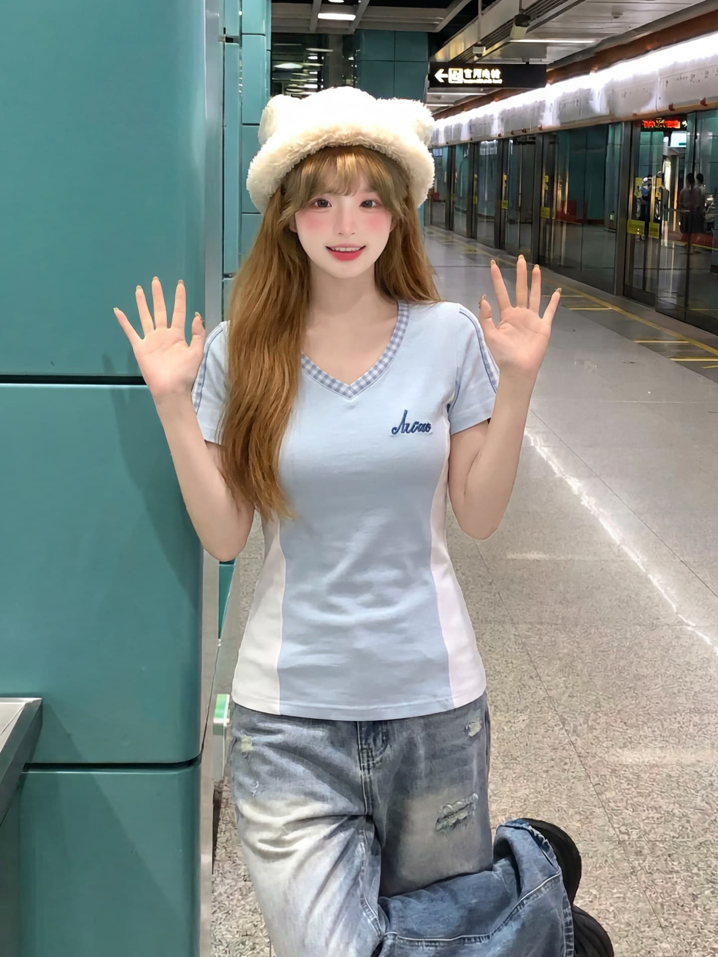리브 고급 센스 파란색 V넥 반팔 티셔츠 여성 여름 허리 수축 슬림해 보이는 다용도 아름다운 맨위 상세 이미지 6