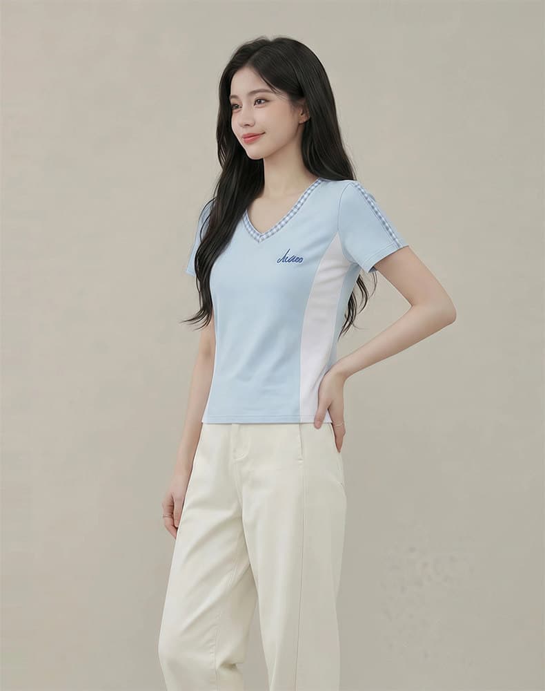 40 모방 면 리브 블루 화이트 패치워크 긍정적 인 어깨 반팔 티셔츠 여성 26 여름 섹션 배색 허리 수축 V넥 맨위 상세 이미지 6
