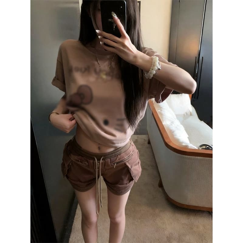대나무 마디 면 만화 귀여운 고양이 프린트 티셔츠 여성 26 여름 캐주얼 핫걸 바람 루즈핏 반팔 티셔츠 맨위 이미지 4