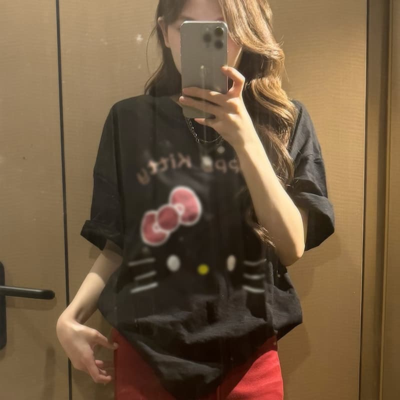 대나무 마디 면 만화 슈퍼 귀여운 고양이 프린트 레트로 티셔츠 여성 느긋한 바람 루즈핏 반팔 티셔츠 맨위 이미지 4