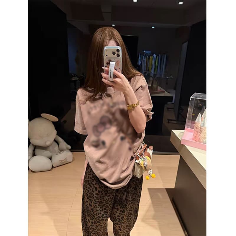 대나무 마디 면 만화 슈퍼 귀여운 고양이 프린트 레트로 티셔츠 여성 느긋한 바람 루즈핏 반팔 티셔츠 맨위 상세 이미지 5