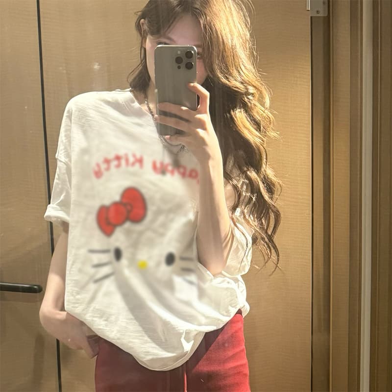 대나무 마디 면 만화 슈퍼 귀여운 고양이 프린트 레트로 티셔츠 여성 느긋한 바람 루즈핏 반팔 티셔츠 맨위 상세 이미지 7