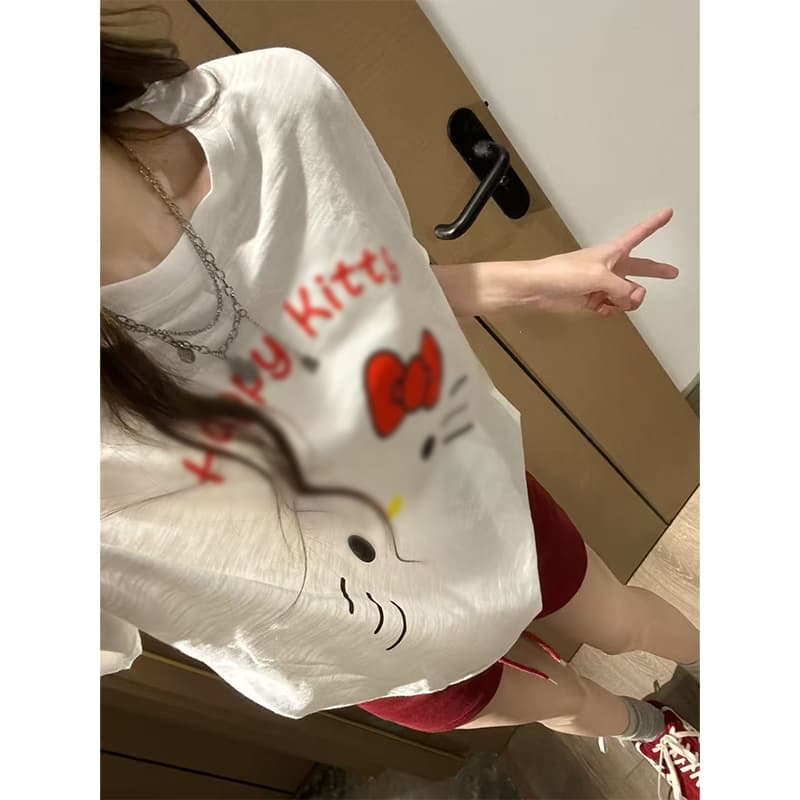 대나무 마디 면 만화 슈퍼 귀여운 새끼 고양이 프린트 아메리칸 티셔츠 여성 느긋한 바람 루즈핏 반팔 티셔츠 맨위 상세 이미지 6