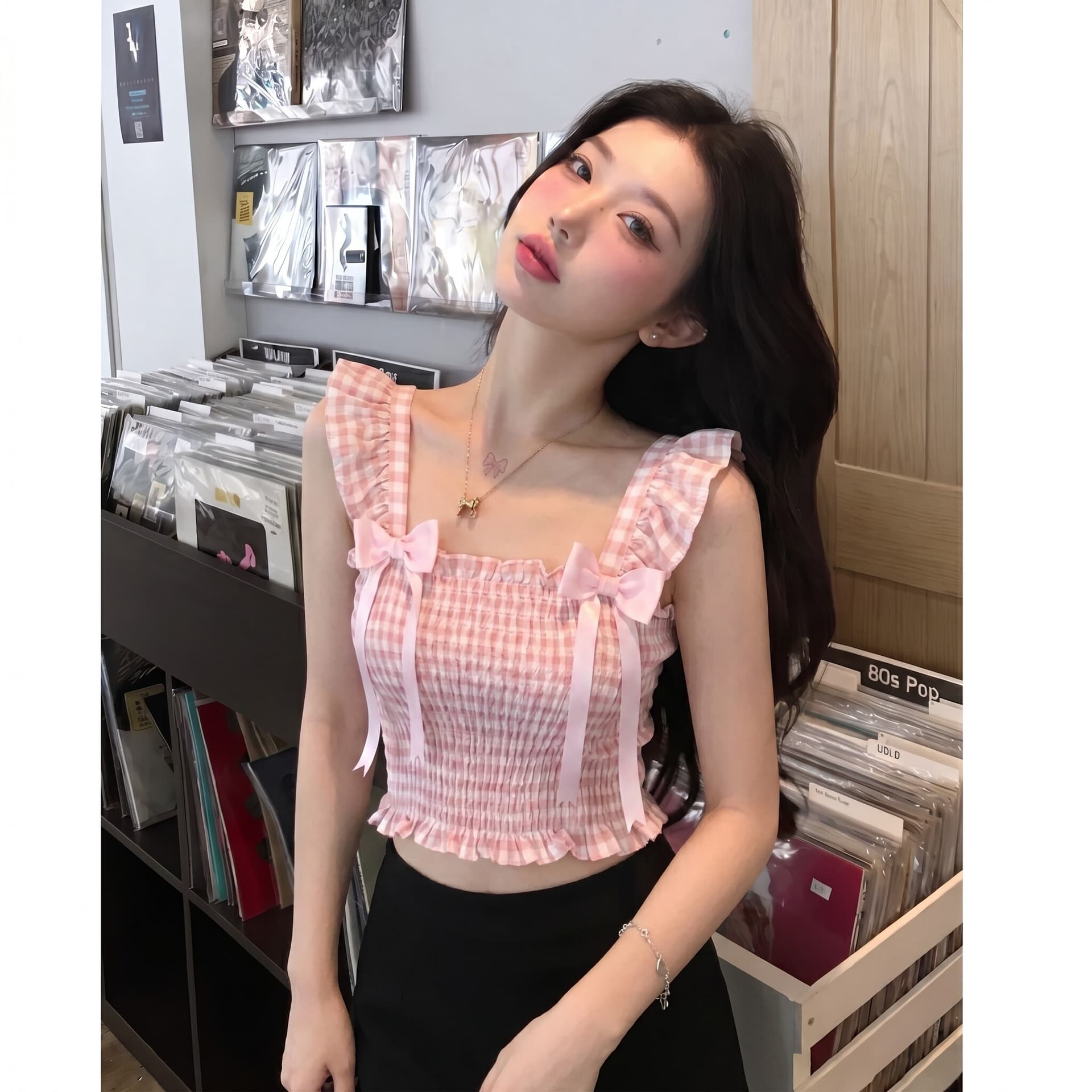 체크 직물 핑크색 체크무늬 작은 날다 소매 슬립 양어깨 길다 리본 나비 매듭 분위기 센스 조끼