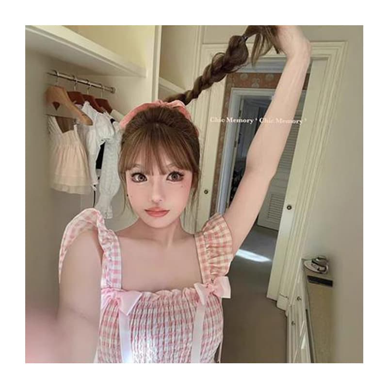 55 면 체크 직물 핑크색 체크무늬 작은 날다 소매 슬립 여성 여름 디자인 센스 프릴 나비 매듭 맨위 상세 이미지 5