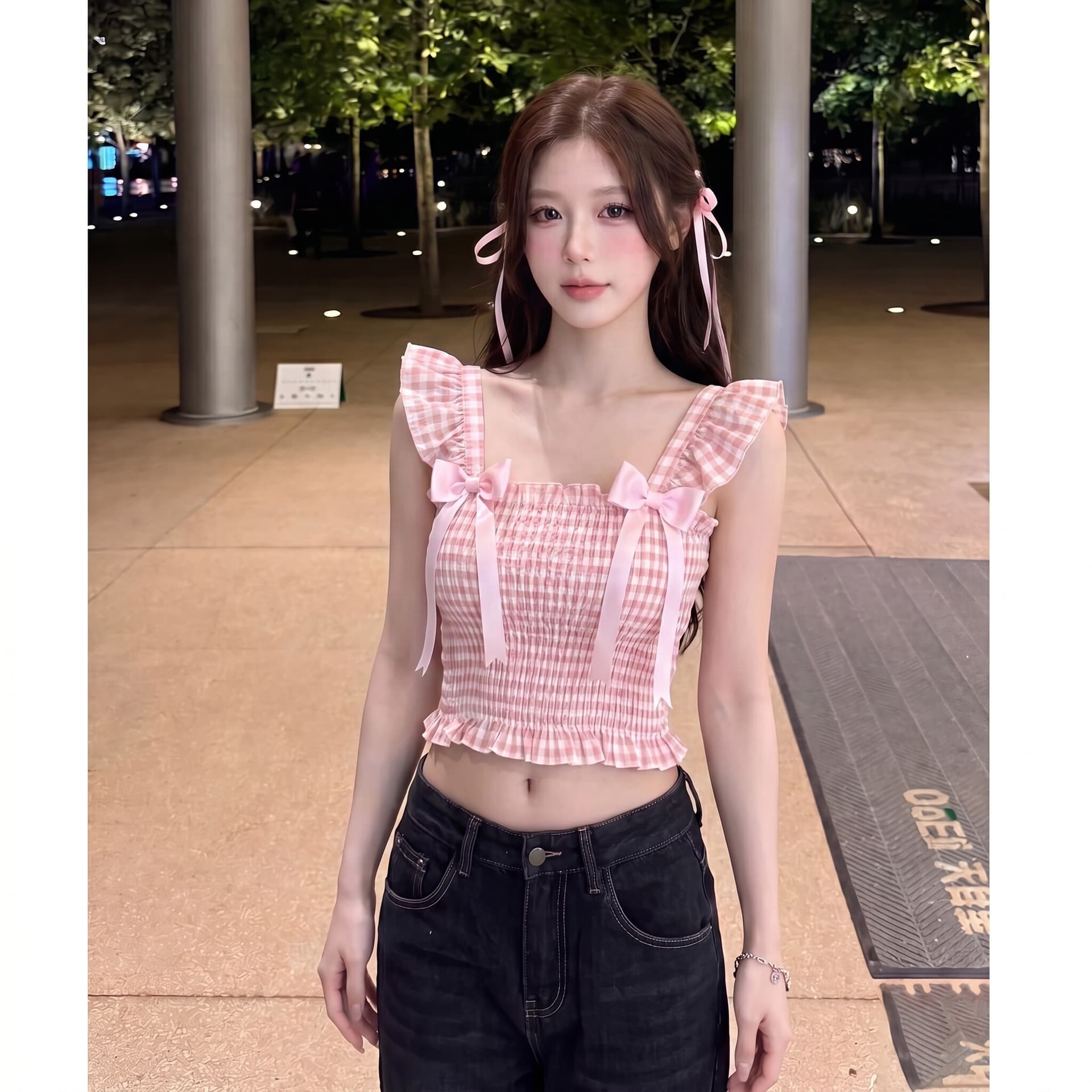 체크 직물 한 부서 체크무늬 작은 날다 소매 슬립 여성 여름 양어깨 리본 나비 매듭 슬림해 보이는 맨위 상세 이미지 2