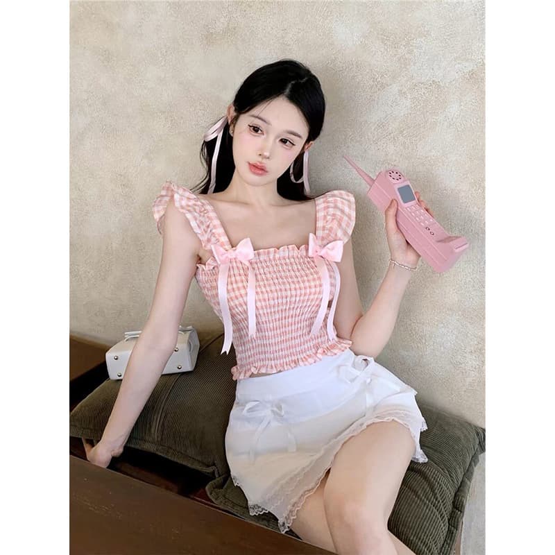 체크 직물 핑크색 체크무늬 작은 날다 소매 광장 칼라 조끼 여성 여름 달콤함 부드러운 몸매 가꾸기 맨위 이미지 2