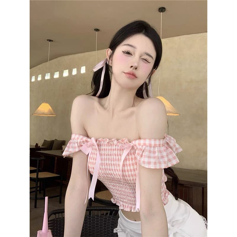 체크 직물 핑크색 체크무늬 작은 날다 소매 광장 칼라 조끼 여성 여름 달콤함 부드러운 몸매 가꾸기 맨위 이미지 3