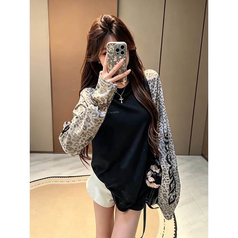 눈꽃 면 아메리칸 산스크리트어 알파벳 레오파드 무늬 긴팔 티셔츠 루즈핏 경량 블라우스 캐주얼 느긋한 맨위 이미지 4