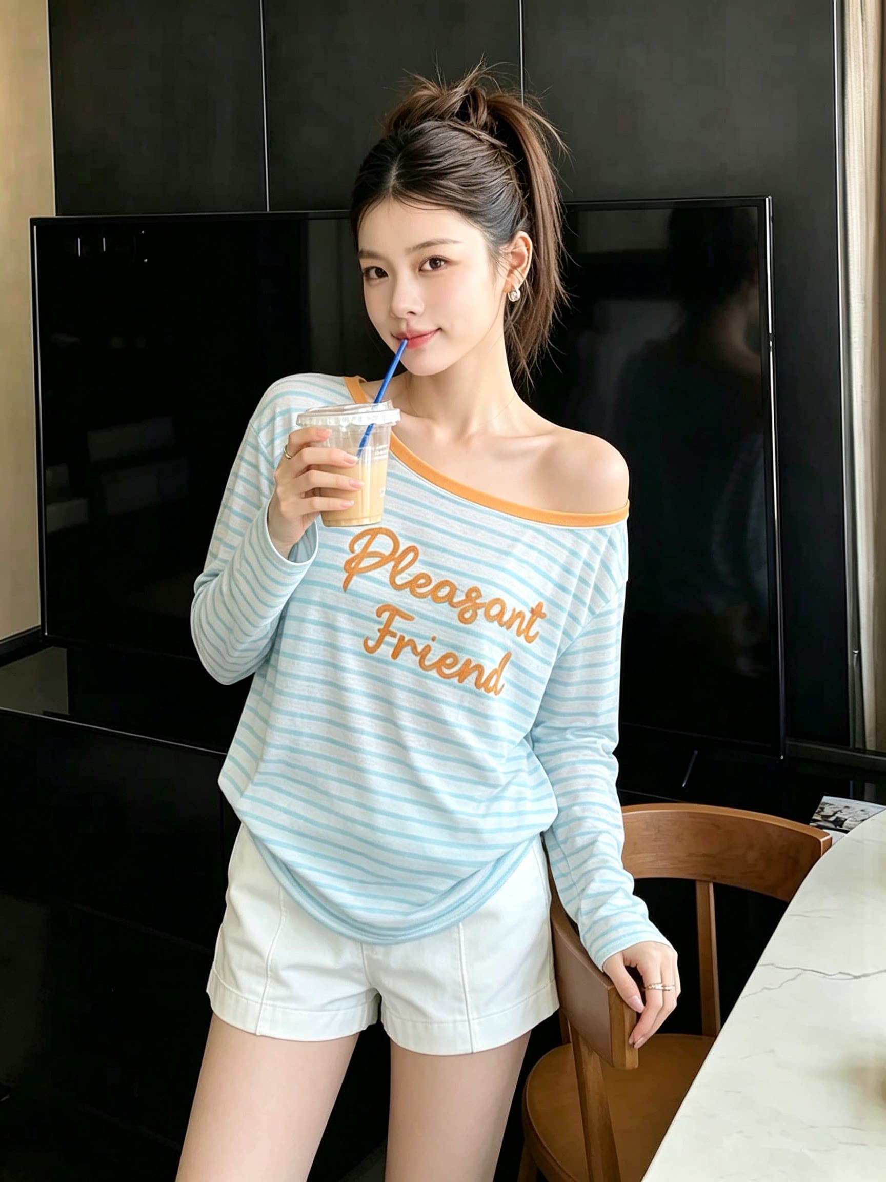 한 부서 캐주얼 바람 블루 화이트 스트라이프 알파벳 프린트 긴팔 티셔츠 여성 26 여름 새로운 오프숄더 루즈핏 얇고 가벼운 맨위 상세 이미지 2