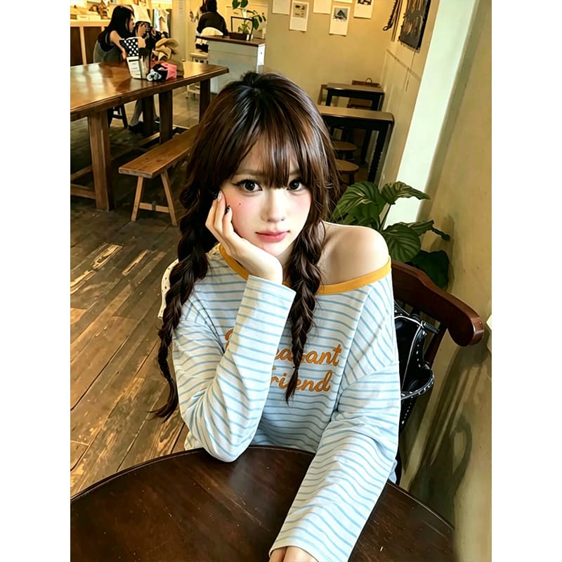 한 부서 블루 화이트 스트라이프 알파벳 긴팔 맨위 티셔츠 여성 26 여름 새로운 루즈핏 슬림해 보이는 느긋한 캐주얼 티셔츠 이미지 2