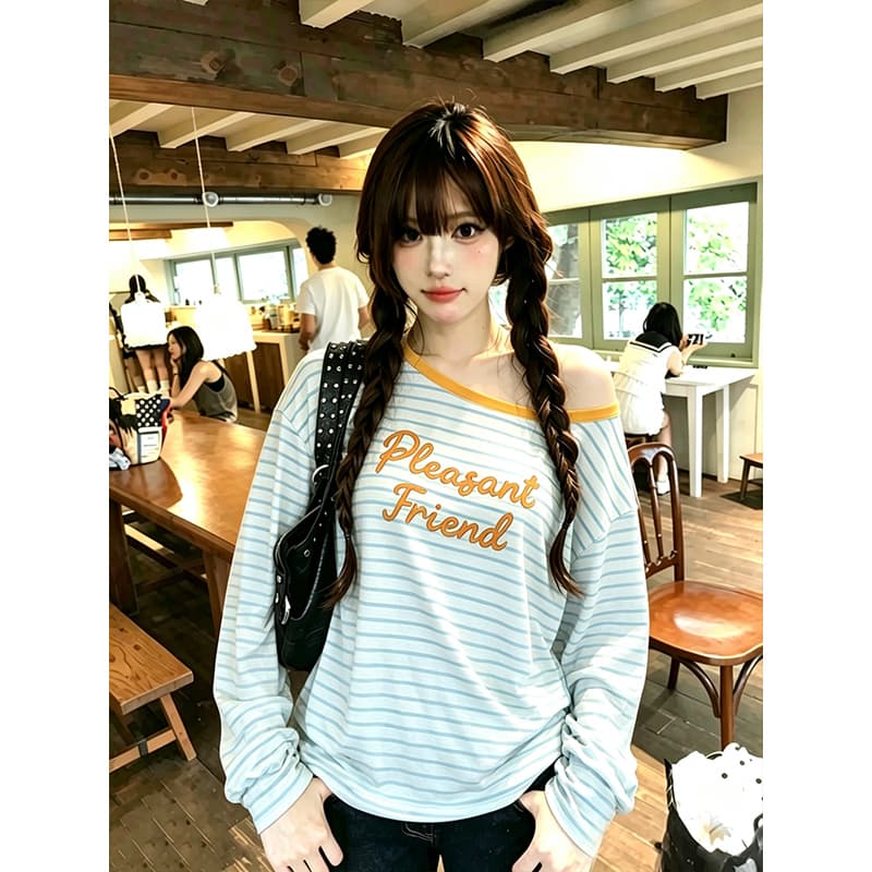 한 부서 블루 화이트 스트라이프 알파벳 긴팔 맨위 티셔츠 여성 26 여름 새로운 루즈핏 슬림해 보이는 느긋한 캐주얼 티셔츠 이미지 4