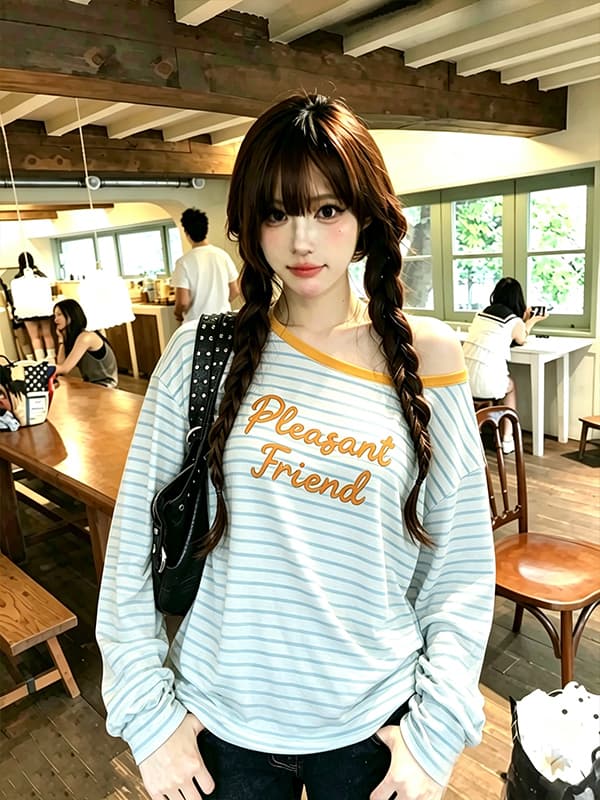 한 부서 블루 화이트 스트라이프 알파벳 긴팔 맨위 티셔츠 여성 26 여름 새로운 루즈핏 슬림해 보이는 느긋한 캐주얼 티셔츠 상세 이미지 2