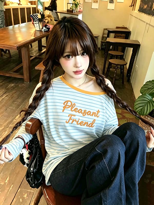 한 부서 블루 화이트 스트라이프 알파벳 긴팔 맨위 티셔츠 여성 26 여름 새로운 루즈핏 슬림해 보이는 느긋한 캐주얼 티셔츠 상세 이미지 4