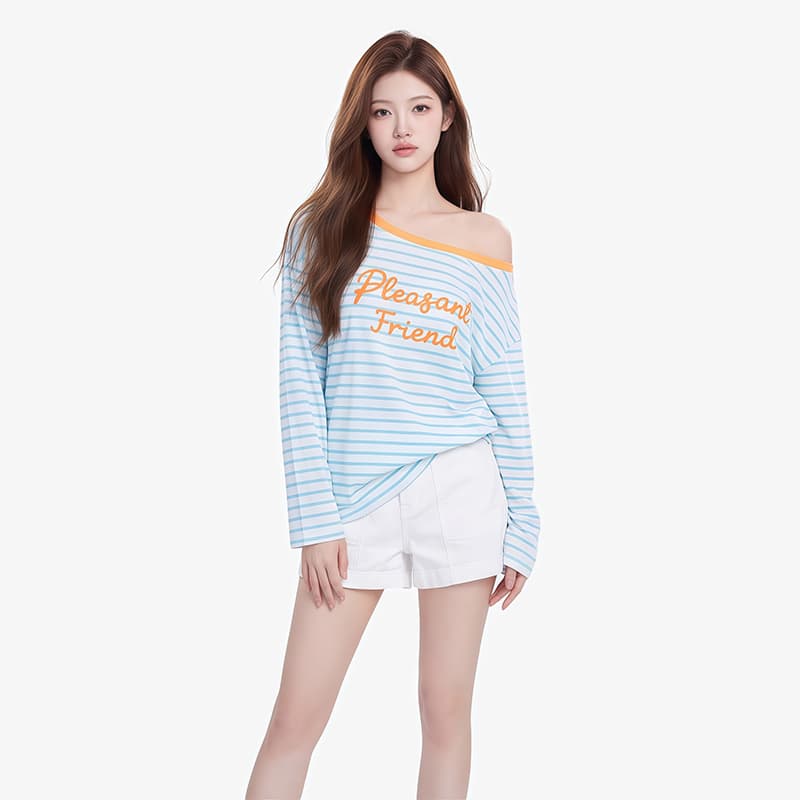 한 부서 느긋한 캐주얼 바람 블루 화이트 스트라이프 긴팔 티셔츠 여성 여름 새로운 라운드 넥 루즈핏 다용도 슬림해 보이는 티셔츠 맨위 이미지 4