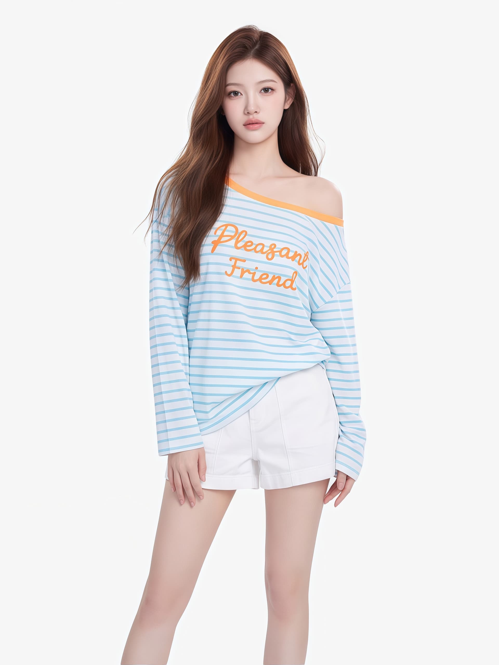 한 부서 느긋한 캐주얼 바람 블루 화이트 스트라이프 긴팔 티셔츠 여성 여름 새로운 라운드 넥 루즈핏 다용도 슬림해 보이는 티셔츠 맨위 상세 이미지 5