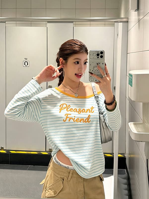 한 부서 비스듬한 어깨 스트라이프 자수 긴팔 티셔츠 여성 여름 새로운 루즈핏 슬림해 보이는 느긋한 캐주얼 바람 블라우스 맨위 상세 이미지 2