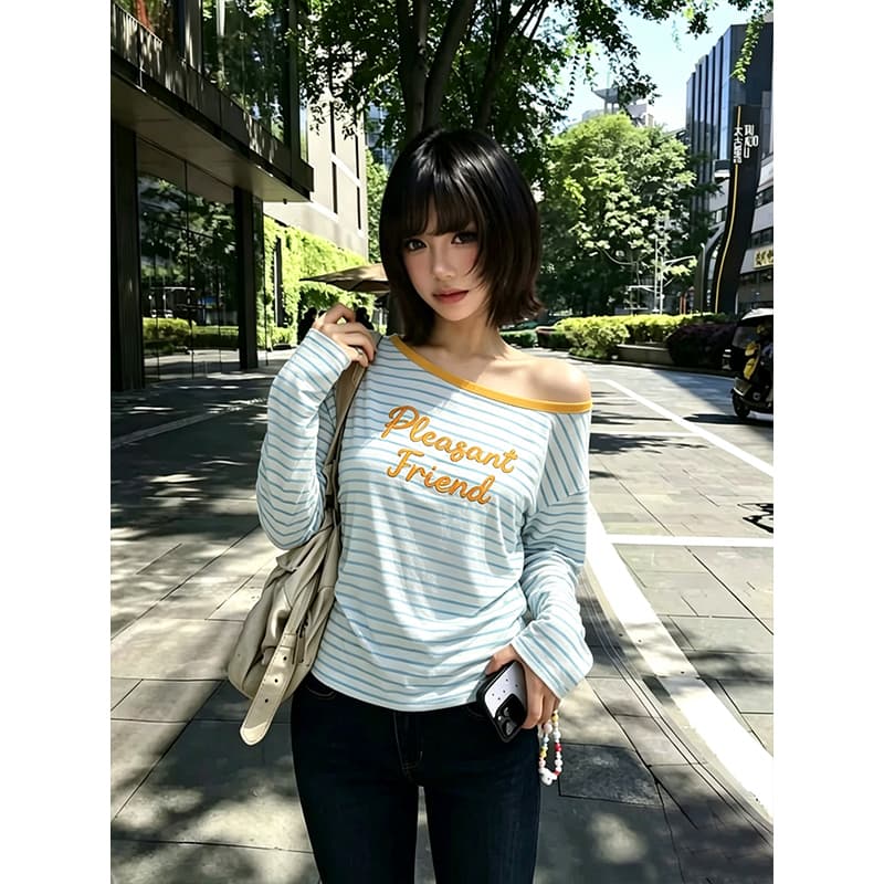 한 부서 오프숄더 블루 화이트 스트라이프 긴팔 티셔츠 여성 26 여름 새로운 루즈핏 슬림해 보이는 느긋한 센스 캐주얼 바람 블라우스 이미지 3
