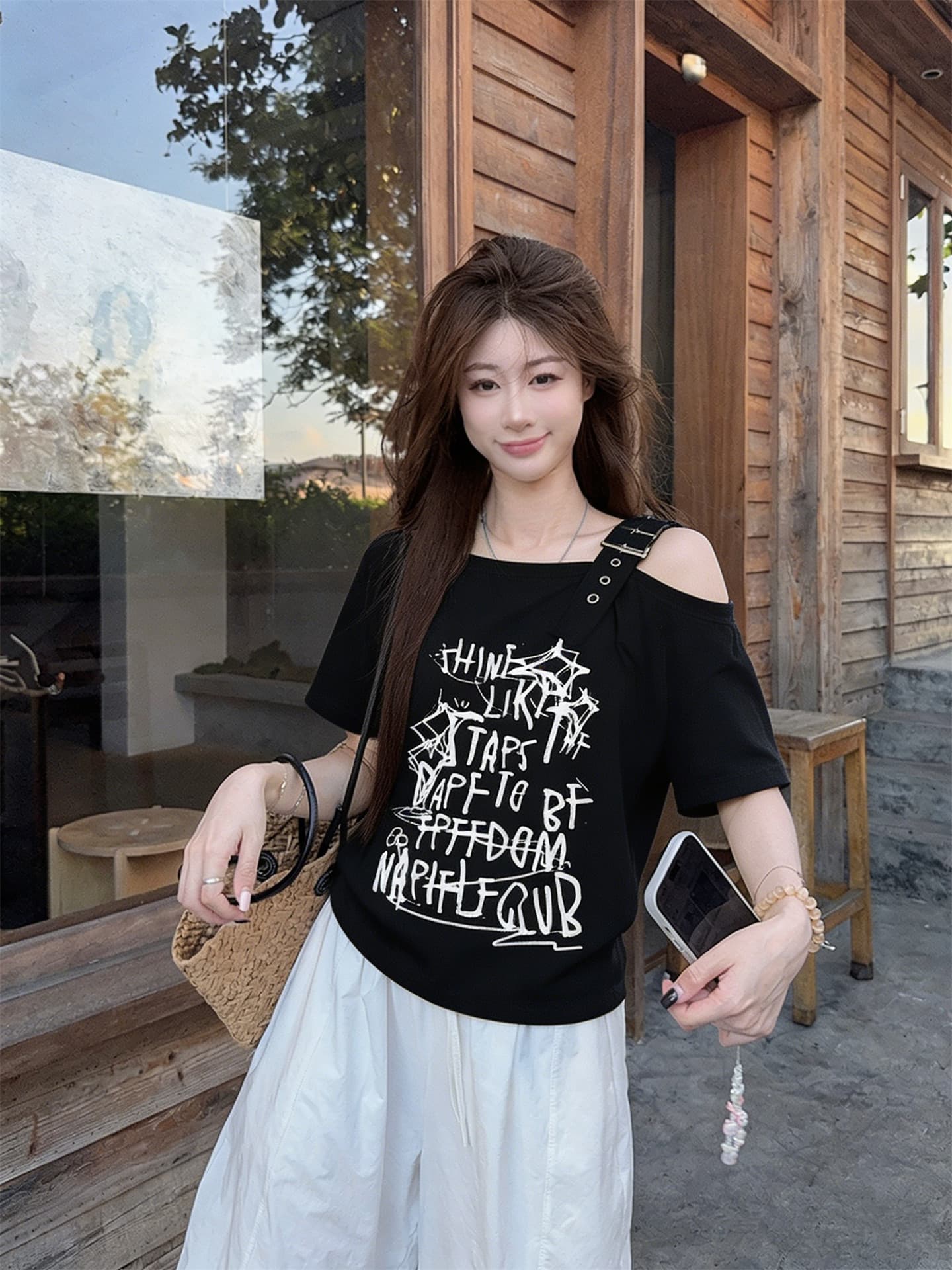 40 차가운 실크 차가운 면 아메리칸 프린트 비스듬한 칼라 오프숄더 반팔 티셔츠 여성 아모이 루즈핏 달콤한 매운맛 바람 맨위 상세 이미지 2
