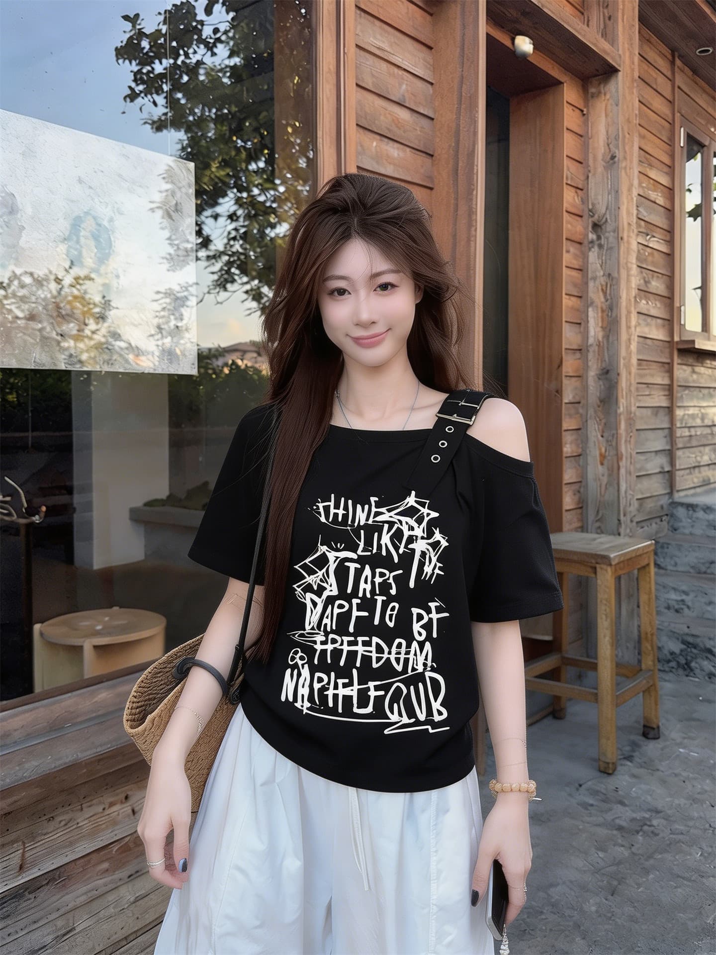 40 차가운 실크 차가운 면 아메리칸 프린트 비스듬한 칼라 오프숄더 반팔 티셔츠 여성 아모이 루즈핏 달콤한 매운맛 바람 맨위 상세 이미지 5
