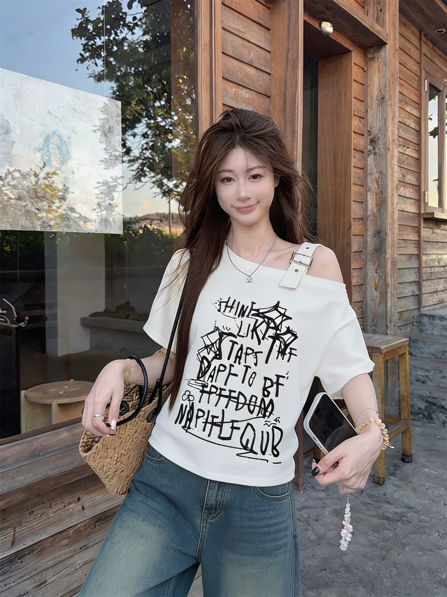 40 차가운 실크 차가운 면 아메리칸 프린트 비스듬한 칼라 오프숄더 반팔 티셔츠 여성 아모이 루즈핏 달콤한 매운맛 바람 맨위 상세 이미지 8