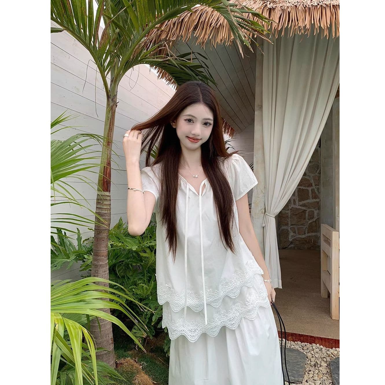 사면 신축 프랑스식 달콤함 레이스 레이스 화이트 반팔 티셔츠 고유 한 작은 대중 품격 루즈핏 맨위 이미지 4