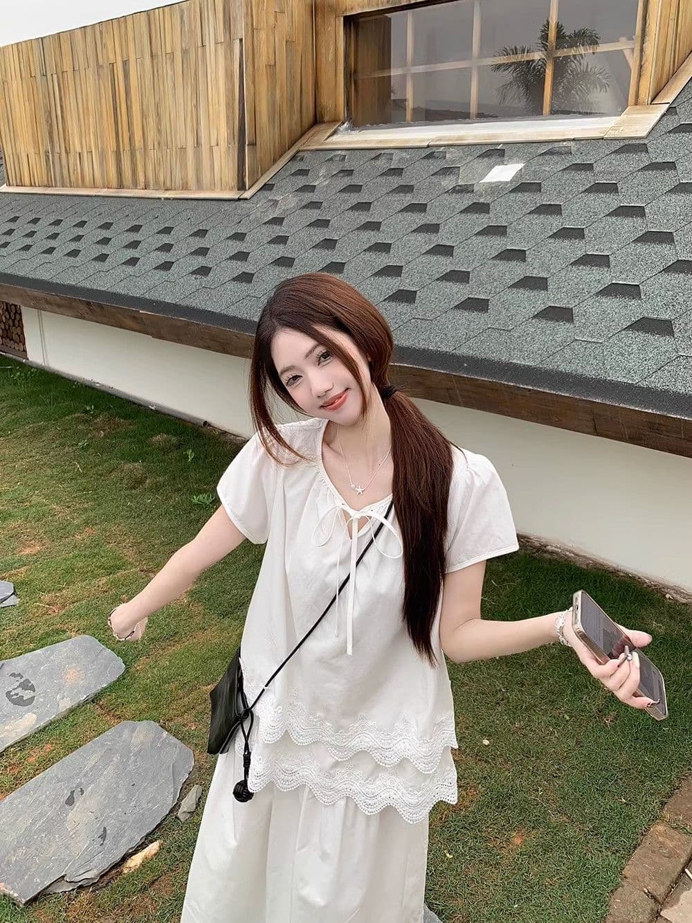 사면 신축 프랑스식 달콤함 레이스 레이스 화이트 반팔 티셔츠 고유 한 작은 대중 품격 루즈핏 맨위 상세 이미지 2