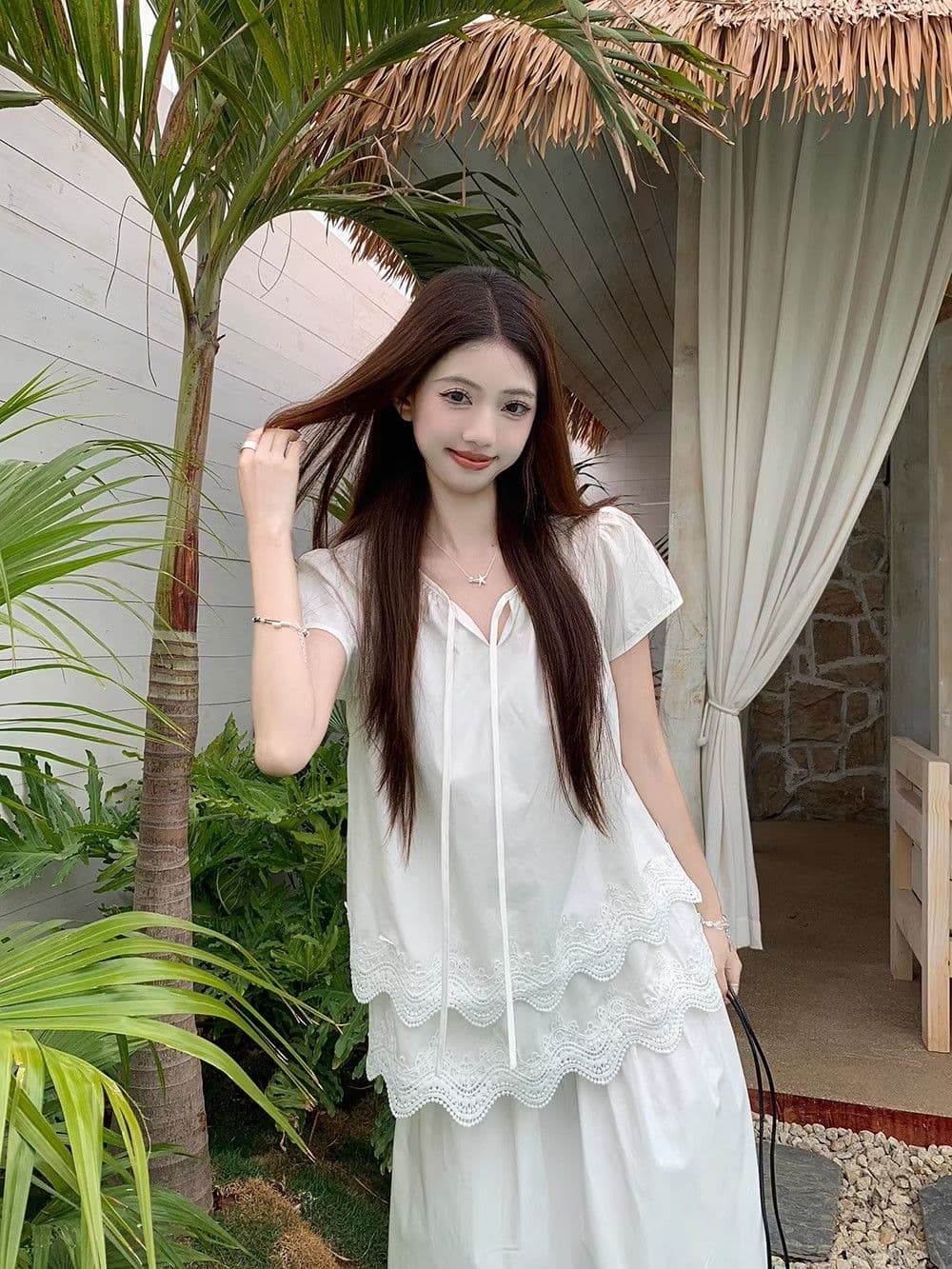 사면 신축 프랑스식 달콤함 레이스 레이스 화이트 반팔 티셔츠 고유 한 작은 대중 품격 루즈핏 맨위 상세 이미지 5