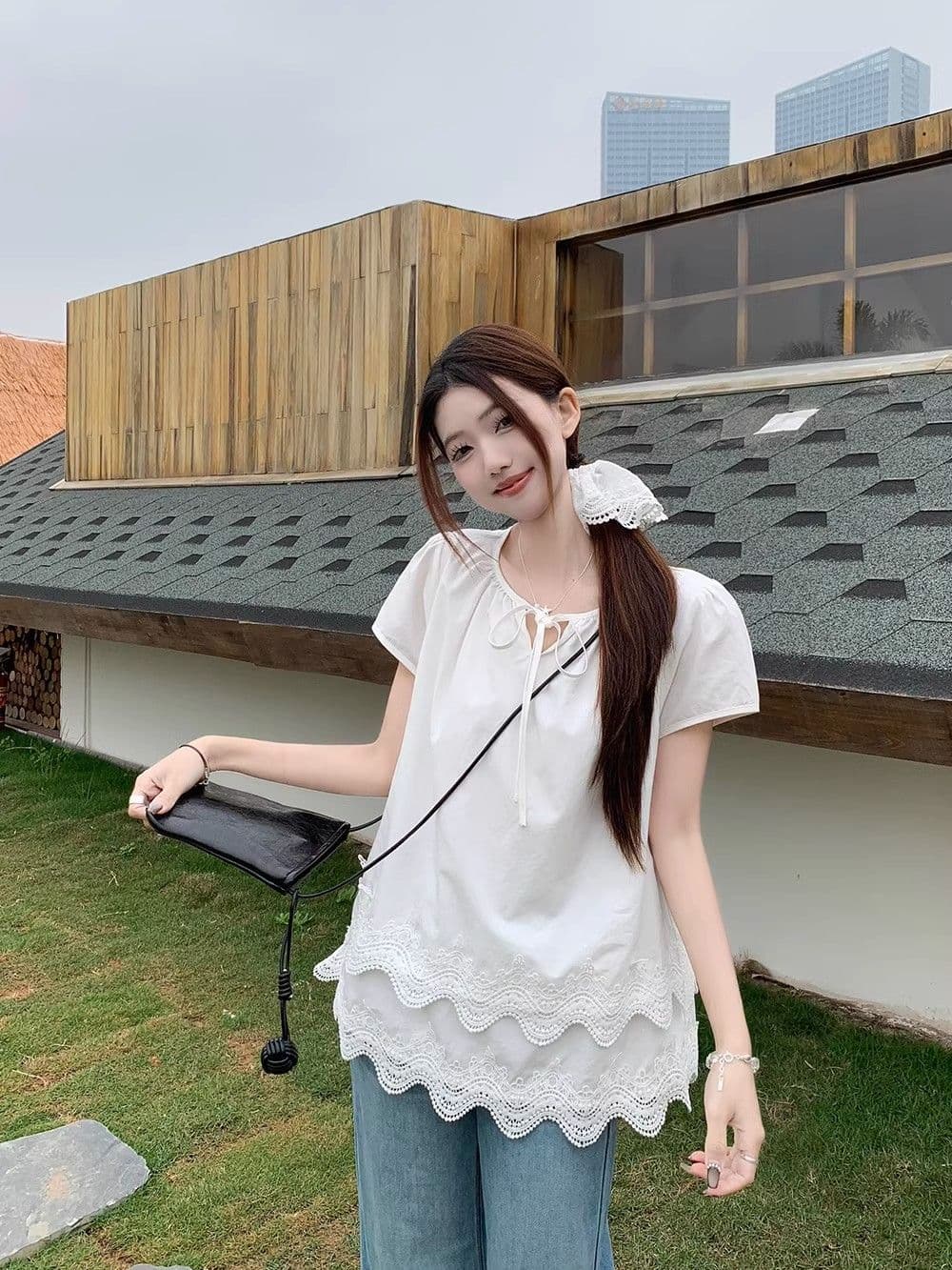 사면 신축 프랑스식 달콤함 레이스 레이스 화이트 반팔 티셔츠 고유 한 작은 대중 품격 루즈핏 맨위 상세 이미지 6