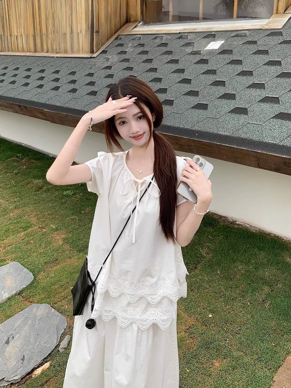 사면 신축 프랑스식 달콤함 레이스 레이스 화이트 반팔 티셔츠 고유 한 작은 대중 품격 루즈핏 맨위 상세 이미지 7
