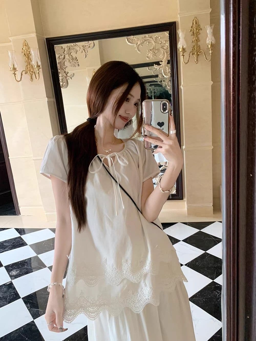 사면 신축 프랑스식 달콤함 레이스 레이스 화이트 반팔 티셔츠 고유 한 작은 대중 품격 루즈핏 맨위 상세 이미지 8