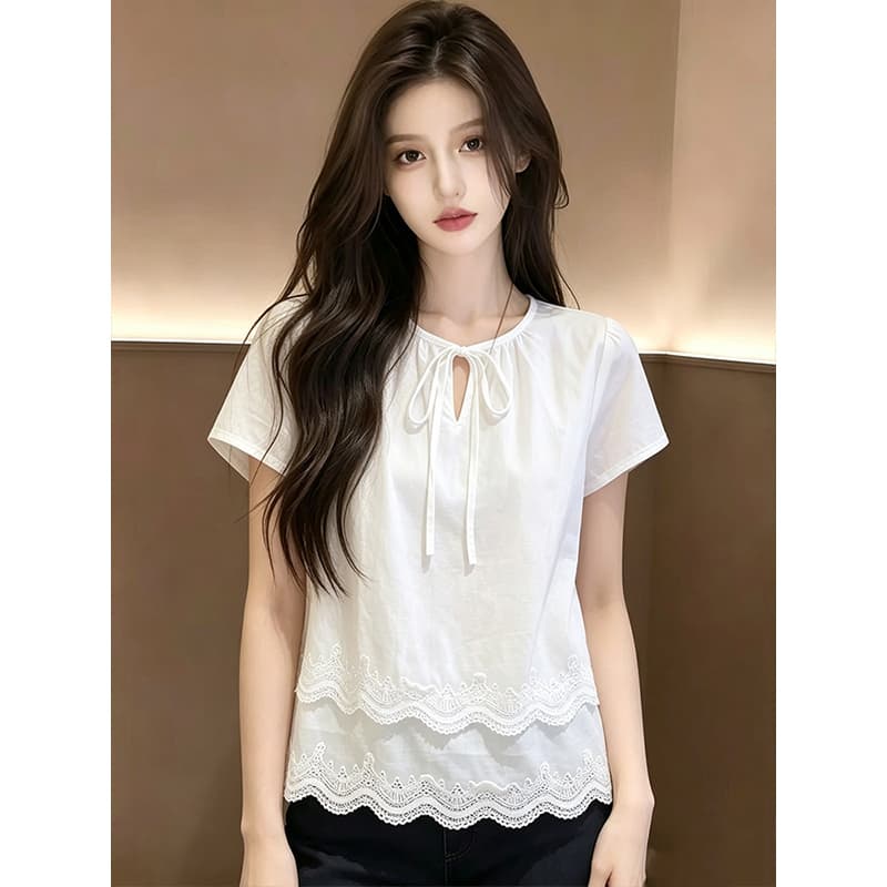 사면 신축 패치워크 레이스 라운드 넥 반팔 화이트 여성 셔츠 새로운 여름 루즈핏 슬림해 보이는 캐주얼 맨위 상세 이미지 4