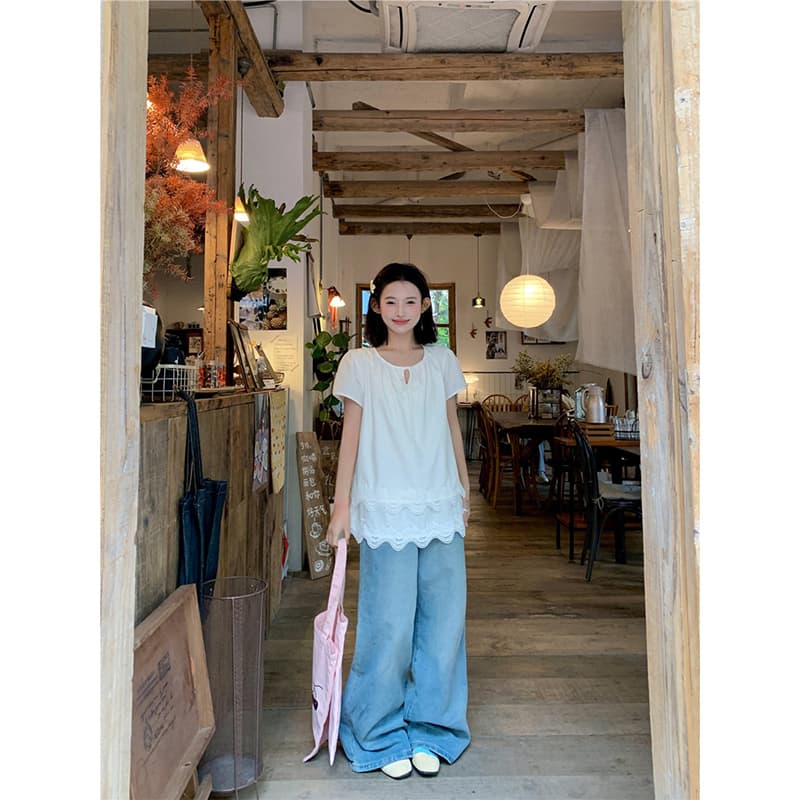 사면 신축 레이스 홀로우 아웃 계단식 레이스 프랑스식 작은 셔츠 26 여름 새로운 루즈핏 품격 Chic 셔츠 이미지 3