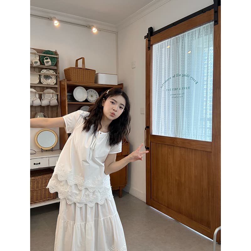 사면 신축 레이스 레이스 프랑스식 티셔츠 여름 새로운 반팔 루즈핏 패션 품격 Chic 맨위 이미지 2
