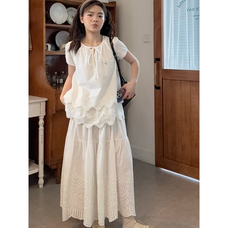 사면 신축 레이스 레이스 프랑스식 티셔츠 여름 새로운 반팔 루즈핏 패션 품격 Chic 맨위 상세 이미지 4