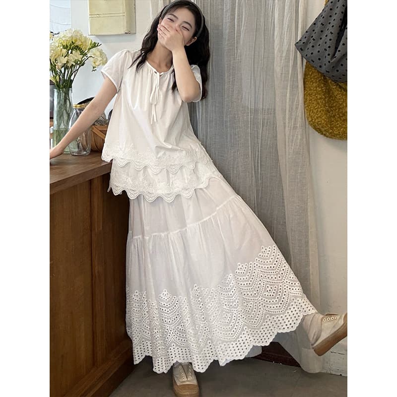 사면 신축 레이스 레이스 프랑스식 티셔츠 여름 새로운 반팔 루즈핏 패션 품격 Chic 맨위 상세 이미지 5