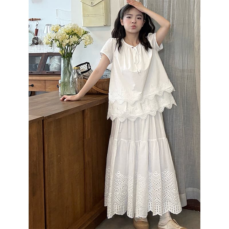 사면 신축 레이스 레이스 프랑스식 티셔츠 여름 새로운 반팔 루즈핏 패션 품격 Chic 맨위 상세 이미지 7