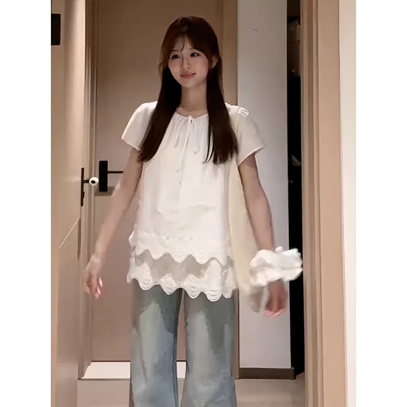 사면 신축 외국 가스 다용도 화이트 레이스 레이스 셔츠 반팔 여성 26 여름 새로운 디스플레이 얇고 작은 맨위 이미지 2