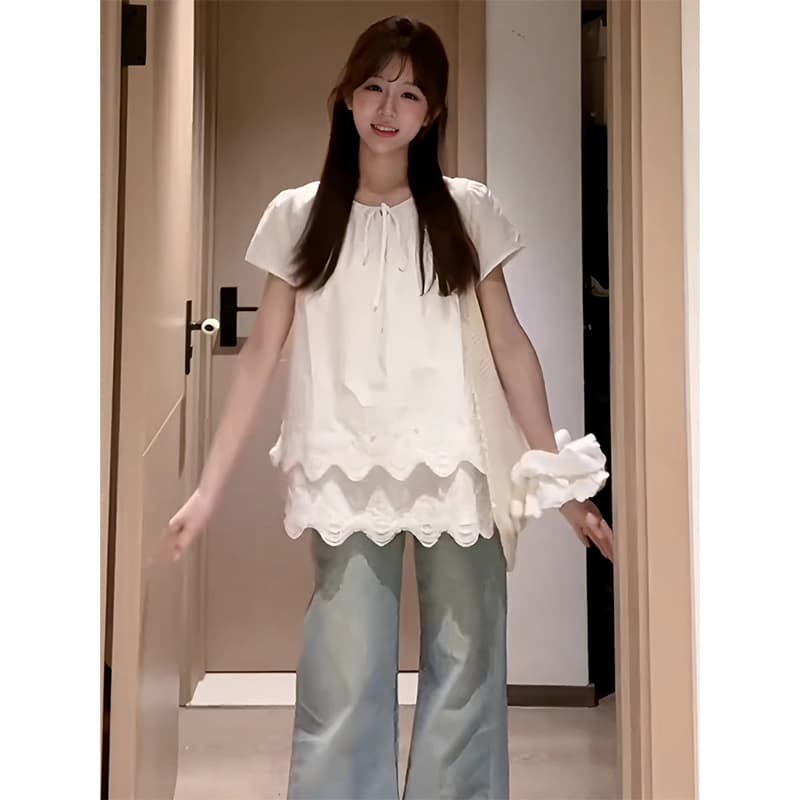 사면 신축 외국 가스 다용도 화이트 레이스 레이스 셔츠 반팔 여성 26 여름 새로운 디스플레이 얇고 작은 맨위 이미지 3