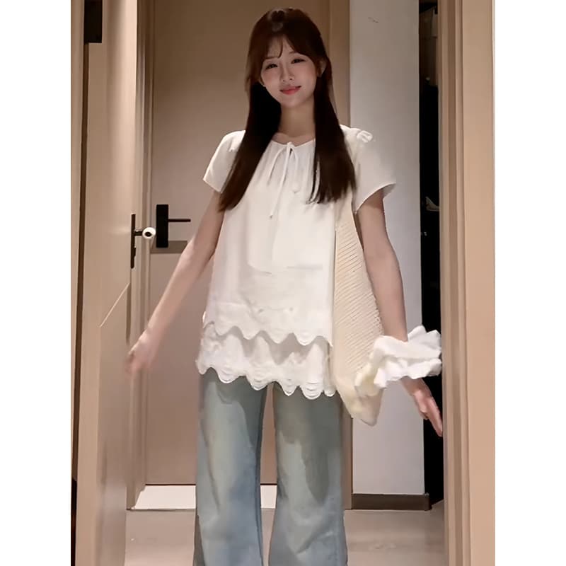 사면 신축 외국 가스 다용도 화이트 레이스 레이스 셔츠 반팔 여성 26 여름 새로운 디스플레이 얇고 작은 맨위 상세 이미지 4