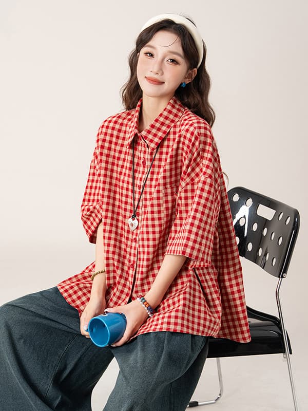 문예 전원 바람 체크무늬 반팔 티셔츠 여성 셔츠 26 여름 새로운 레트로 패션 맨위 상세 이미지 6