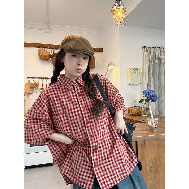 한 여성 문예 전원 바람 레트로 패션 맨위 여성 체크무늬 폴로 칼라 반팔 티셔츠 셔츠 상세 이미지 4