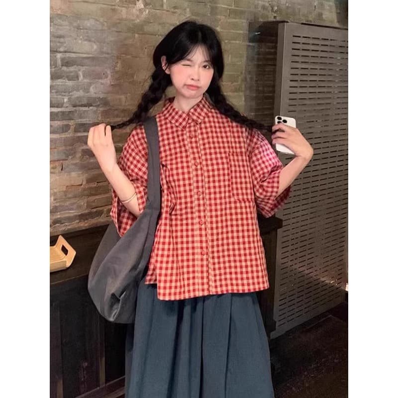 아모이 체크무늬 반팔 여성 셔츠 레트로 루즈핏 셔츠 느긋한 바람 캐주얼 다용도 맨위 이미지 4