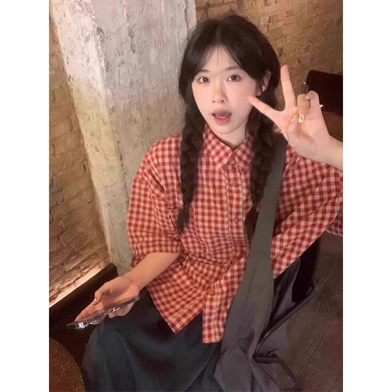 아모이 체크무늬 반팔 여성 셔츠 레트로 루즈핏 셔츠 느긋한 바람 캐주얼 다용도 맨위 상세 이미지 5