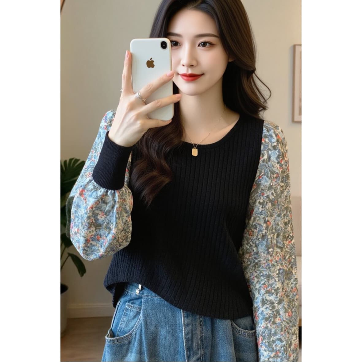 가을 빅 사이즈 여성 셔츠 한 부서 꽃무늬 패치워크 긴팔 거품 소매 셔츠 가짜 2 피스 슈트 맨위