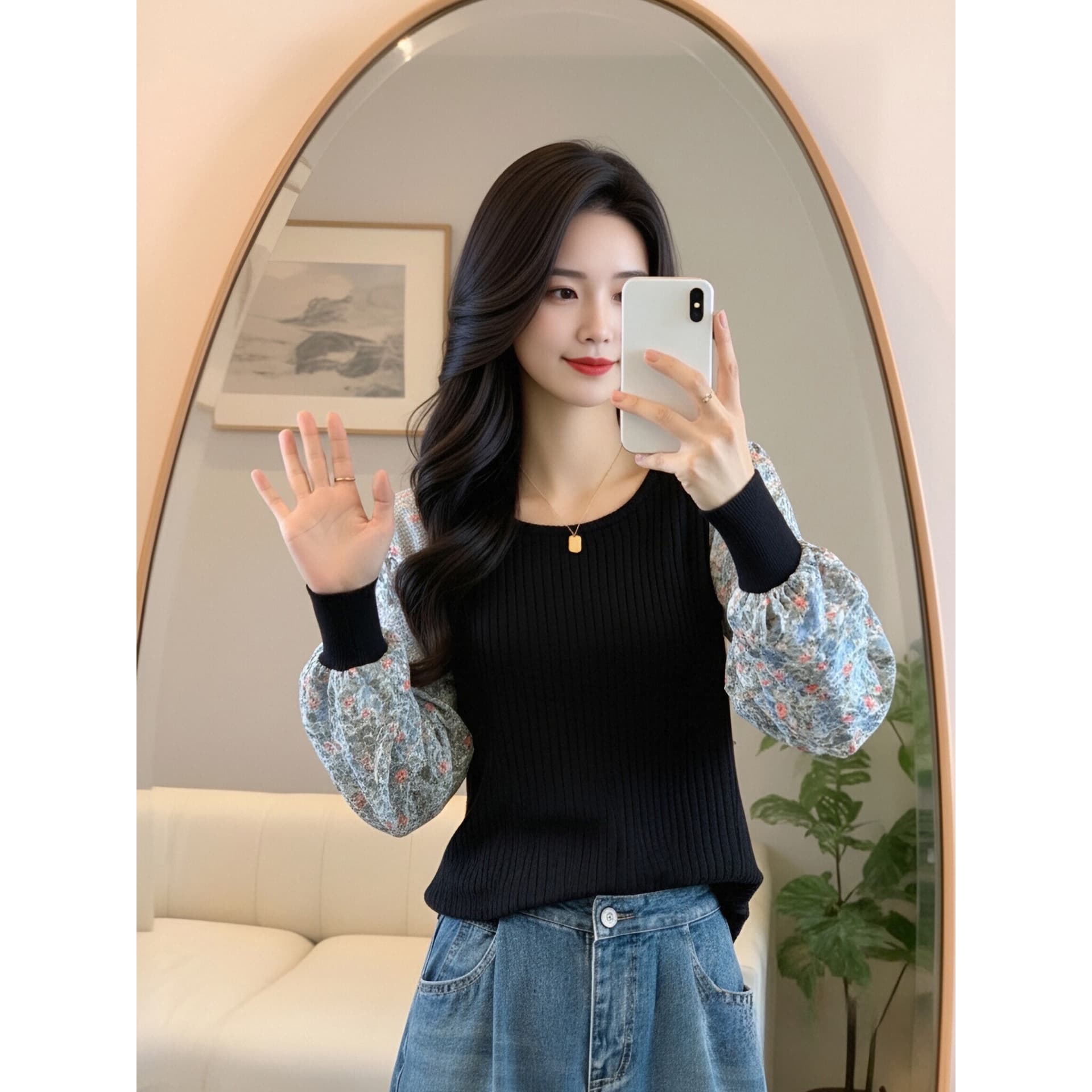 가을 빅 사이즈 여성 셔츠 한 부서 꽃무늬 패치워크 긴팔 거품 소매 셔츠 가짜 2 피스 슈트 맨위 상세 이미지 4