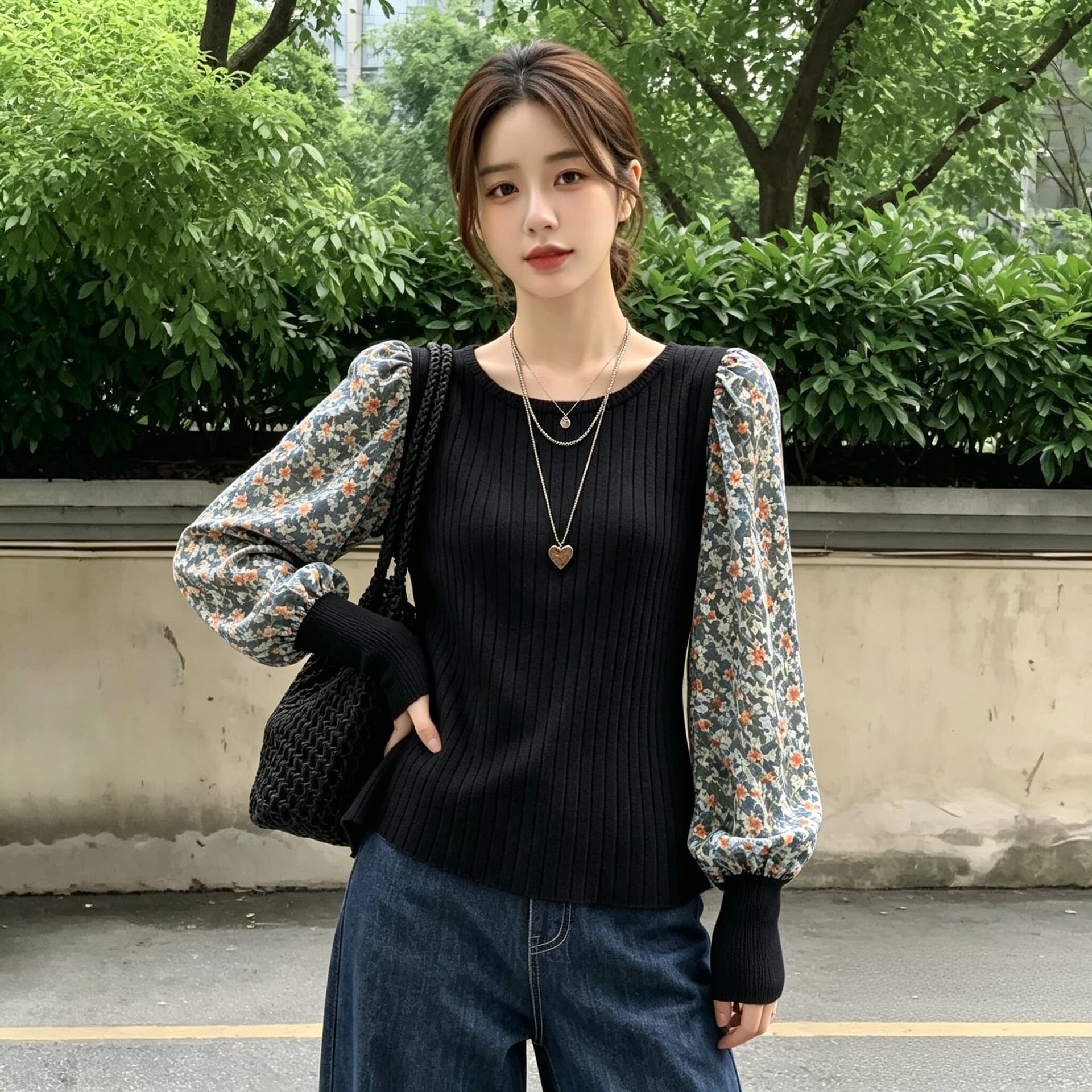 꽃무늬 패치워크 니트 긴 소매 셔츠 가을 슬림해 보이는 프랑스식 품격 연령 감소 거품 소매 맨위 상세 이미지 4