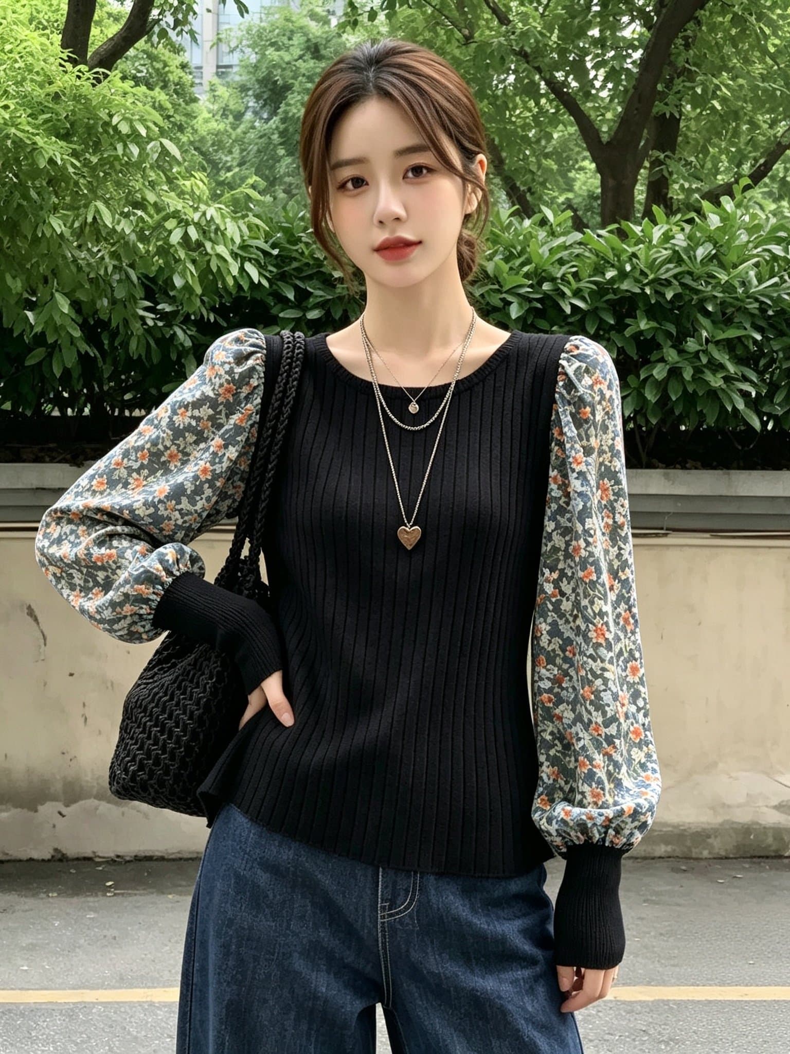 꽃무늬 패치워크 니트 긴 소매 셔츠 가을 슬림해 보이는 프랑스식 품격 연령 감소 거품 소매 맨위 상세 이미지 5