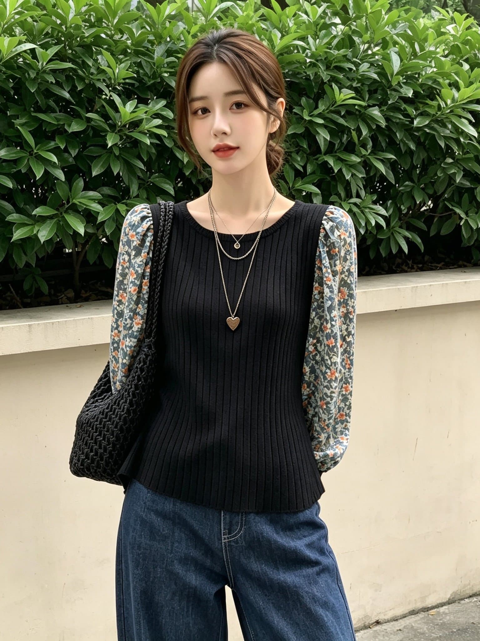 꽃무늬 패치워크 니트 긴 소매 셔츠 가을 슬림해 보이는 프랑스식 품격 연령 감소 거품 소매 맨위 상세 이미지 6